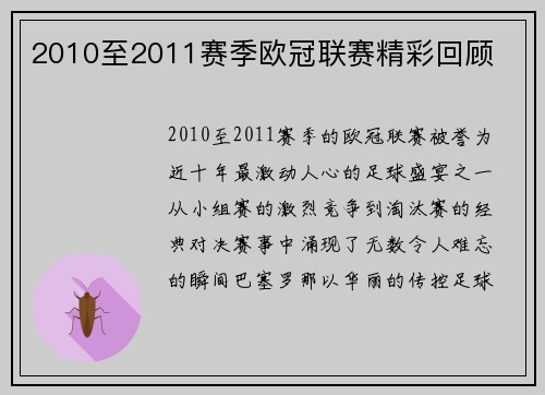 2010至2011赛季欧冠联赛精彩回顾