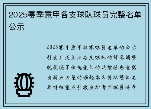 2025赛季意甲各支球队球员完整名单公示