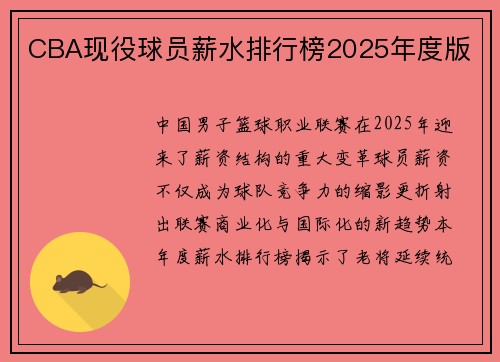 CBA现役球员薪水排行榜2025年度版